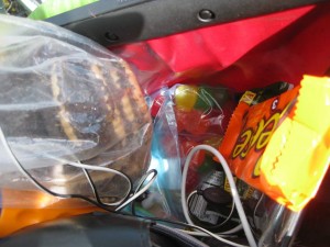 A sneak peek into Jason's snack-filled handlebar bag!