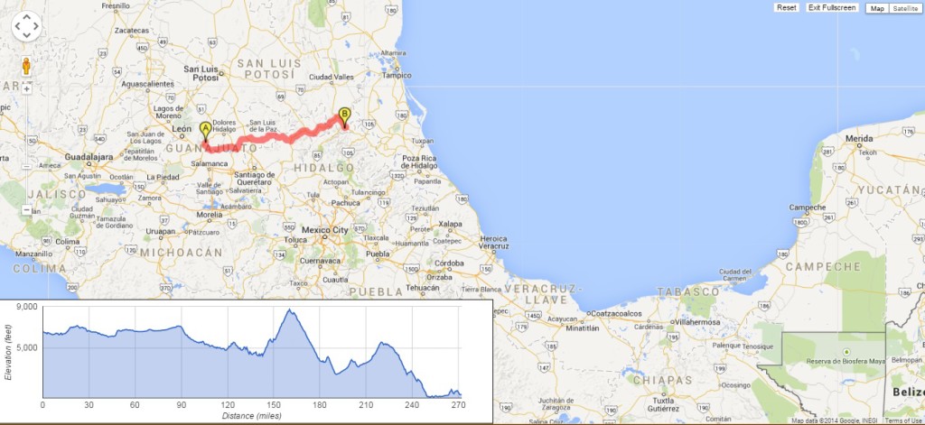 Our route from Guanajuato to Taazunchale through the Querétaro mountains.