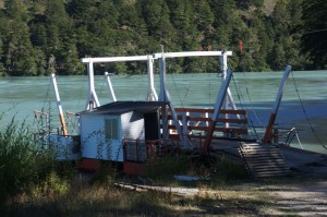 Raft-like ferry powered by the river's current.